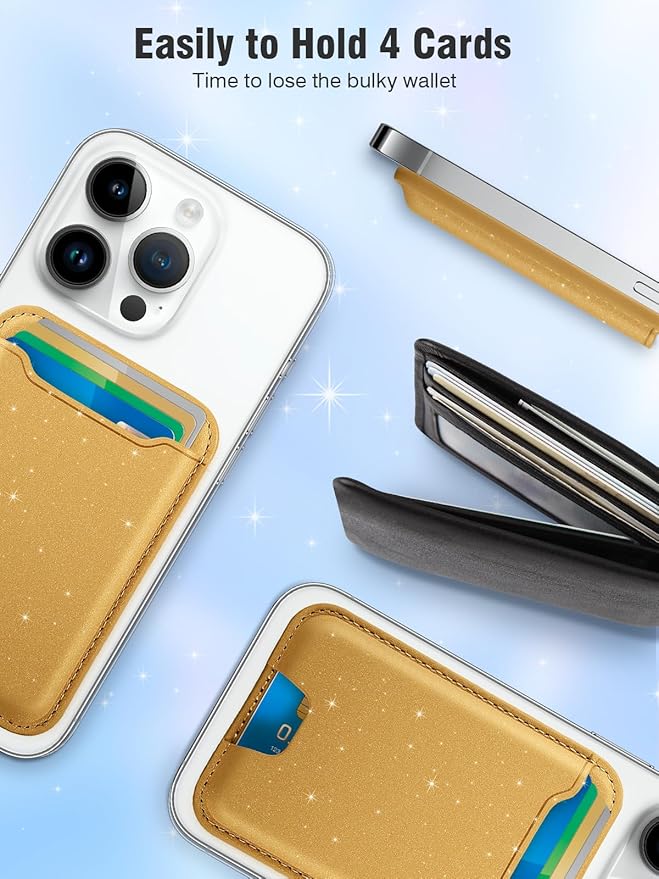 TopMade for Magsafe Wallet, Sparkle Magnetic Card Holder for iPhone 17, 16, 15, 14, 13, 12 Series, Leather RFID Blocking, Fit 4 Cards, Glitter Yellow