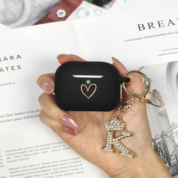 Compatible with AirPods Pro 3 Case Cover (2025), Soft Silicone Case with Gold Heart Pattern for AirPods Pro 3rd Generation Case with Rhinestone Studded Letter A-Z Keychain (K Black)