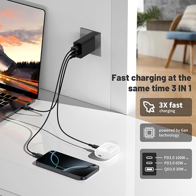 100W USB C Wall Charger ，3-Port GaN USB C Charging Block,PD+QC Power Adapter Multiport Brick Type C Plug for iPhone17 16 15 14 13 12 11 Pro Max XS，MacBook, XPS, Galaxy S24 and More