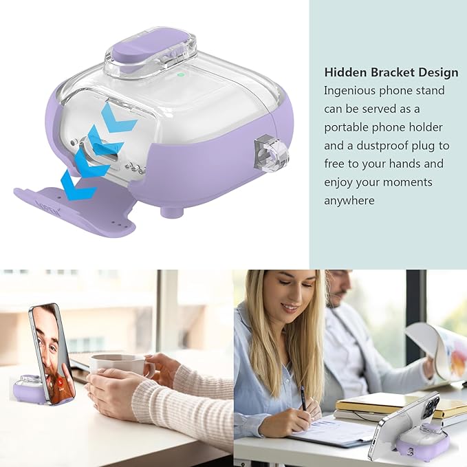 for Airpods 4 Case Clear,Secure Lock for Airpods 4th Generation Case Cover with Phone Stand and Magsafe Function,Auto Pop-up,Hybrid Protection Design with Carabiner&Cleaning Pen-Purple
