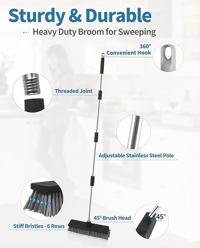 LandHope Hard Bristle Deck Broom Adjustable Long Handle Scrub Brush Heavy Duty Concrete Push Broom Outdoor Brush Garage Broom Wood Large Floor Scrubber 28-52 inch Balcony -Multi Segment Handle