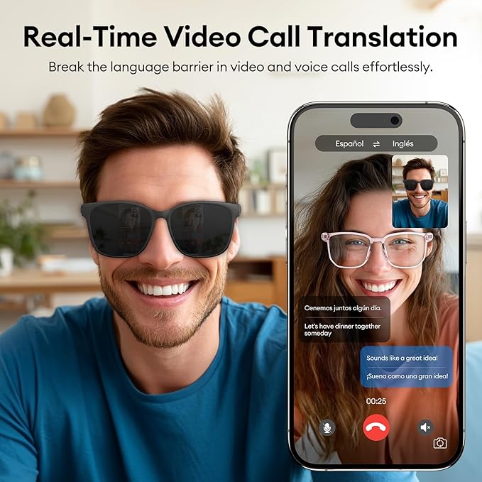AI Smart Glasses, Bluetooth 5.4 Translation Glasses with 144 Language & Accents, Blue Light Filtering Lenses, Multifunctional Smart Glasses for Men Women, Travel Meeting Trade Business HY-C8Pro White