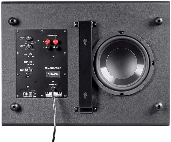 Monoprice SSW-8 Slim Powered Subwoofer - 8 Inch Woofer, 100 Watt, Low Profile, Powerful Amp, Low Pass, RCA and Speaker Level Terminal Inputs, Black