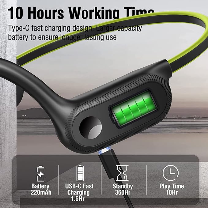 Open Ear Bone Conduction Headphones Bluetooth 5.2, Sports Wireless Earphones with Microphones, Sweatproof Waterproof Wireless Earphones for Running, Gym, Hiking, Cycling(Green)