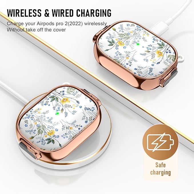 Maxjoy for Cute Airpods Pro 2 case with Safety Lock,Compatible Airpods Pro Case 2nd/1st Gen,Compatible Blue Yellow Flower AirPods Case Cover for Women Girly with Keychain-Transparent