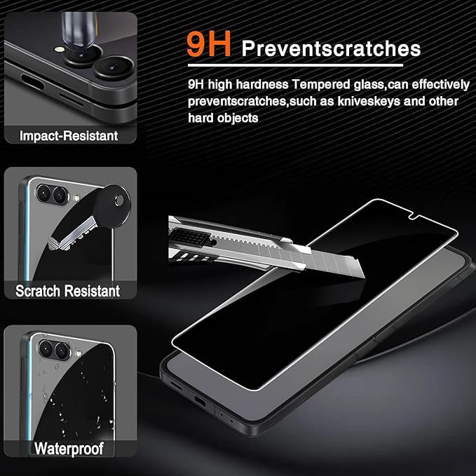 Milomdoi 6 in 1 Privacy Screen Protector for Samsung Galaxy Z Flip 7, 2 Pack Inside Anti-Spy Film with 2Pack Front Tempered Glass + 2 Pacs Camera Lens Protector Accessories