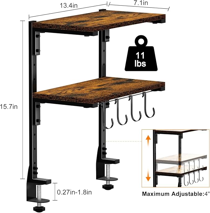 Clamp-on Desk Shelf, 13 inch Above or Below Desk 2-Tier Shelving, Adjustable Metal Storage Tray for Gaming Devices or Office Desk Accessories and More, Brown, Patent Pending