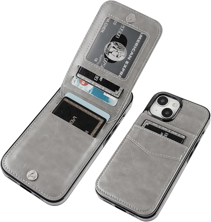 KIHUWEY Compatible with iPhone 15 Case Wallet with Credit Card Holder, Flip Premium Leather Magnetic Clasp Kickstand Heavy Duty Protective Cover for iPhone 15 6.1 Inch (Gray)