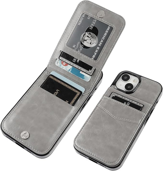 KIHUWEY Compatible with iPhone 15 Case Wallet with Credit Card Holder, Flip Premium Leather Magnetic Clasp Kickstand Heavy Duty Protective Cover for iPhone 15 6.1 Inch (Gray)