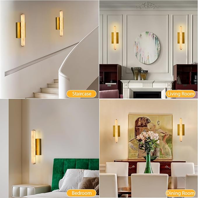 Alabaster Wall Sconces, 15" Brass Alabaster Sconce, Spanish Natural Marble Bathroom Vanity Sconces, Rectangle Modern Sconces Lighting for Bedroom Living Room Staircases Hallway