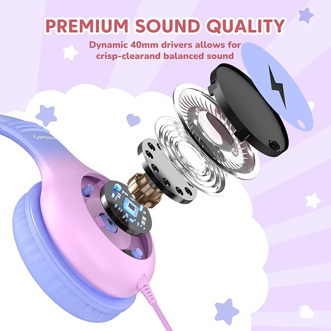 USB Type C Kids Headphones, Wired Headphones for Kids with Microphone/LED Lights, 85/94dB Volume Limit, Stereo Sound, Foldable Over-Ear USB-C Headphones for School/Travel/Tablet/iPad, Purple
