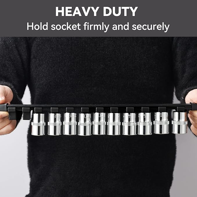 ALOANES 9PC ABS Socket Organizer, Socket Rails Fit 1/2 inch, 3/8 inch and 1/4 inch Drive, Heavy Duty Socket Holders Hold up to 129 Sockets, Black Rails with Yellow Clips