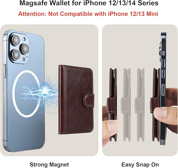 Bocasal for MagSafe Wallet Magnetic Card Holder, RFID Blocking Leather Card Slots for iPhone 17/16/15/14/13/12 Pro/Max/Plus/Air, Adjustable Kickstand Flip Mag Safe Wallet (Brown)
