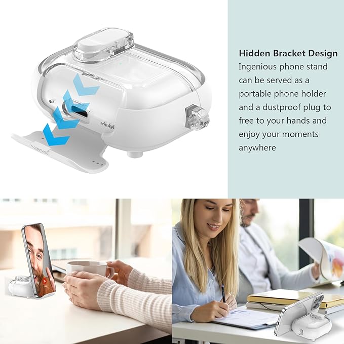 for Airpods Pro 3 Case Clear,Secure Lock for Airpods pro 3rd Generation Case Cover with Phone Stand and Magsafe Function,Auto Pop-up,Hybrid Protection Design with Carabiner&Cleaning Pen-White