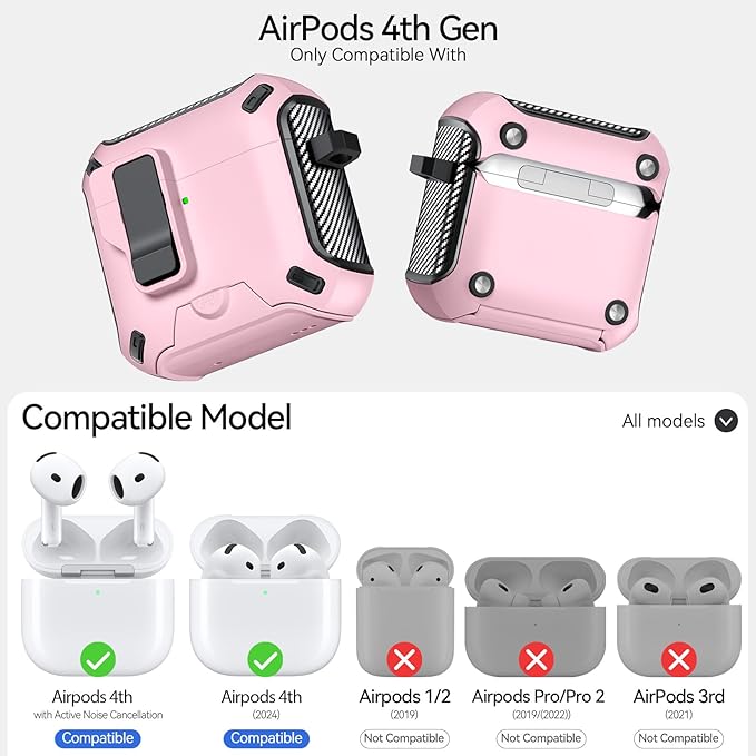 for AirPods 4 Case (2024) with Phone Stand,（with Automatic Snap Switch） Carbon Fiber Design Protection Cover with Cleaning Pen,Pink