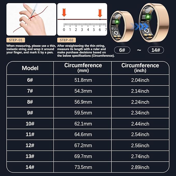 Ring Health Tracker for Women Men, Fit Ring with Heart Rate, Blood Oxygen, Sleep Monitor, Calories, Step Counter, IP68 Waterproof Smart Ring for iPhone & Android, No Subscription Fee (Rose Gold, 9#)