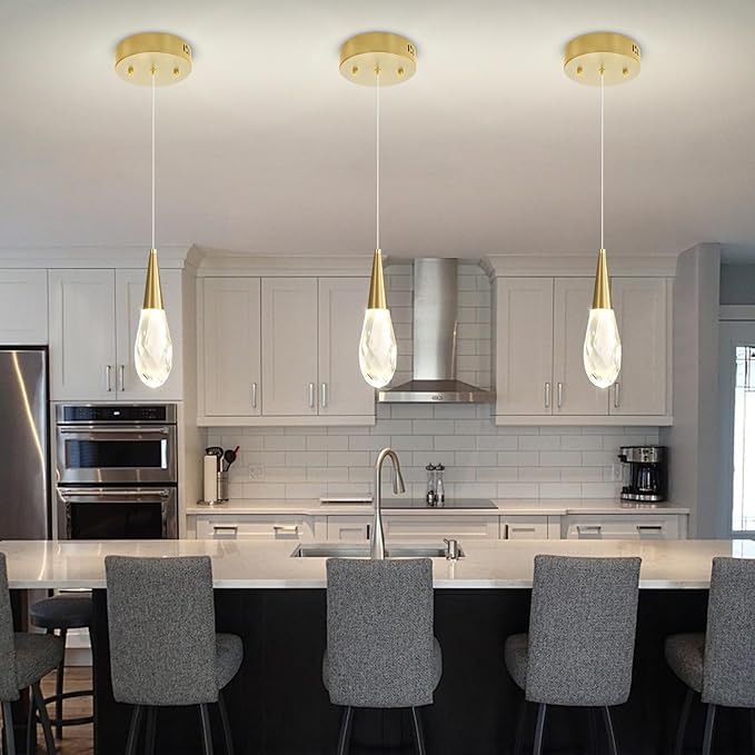 Pendant Light Kitchen Islan Gold Mini Crystal Chandelier Modern Hanging Light Fixture for Dining Room, Living Room,Bedroom, Foyer（3-Pack）