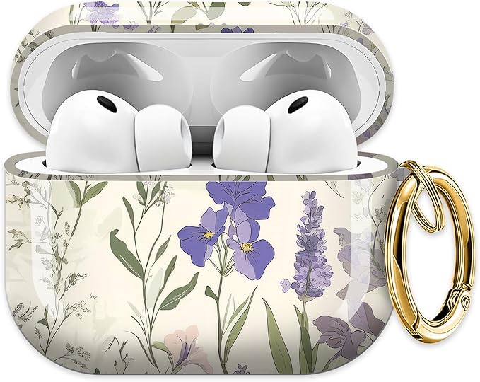 Cute Hard Case Compatible with AirPods Pro 3rd Generation Case (2025), Shockproof Protective Cover with Golden Keychain Ring Clip (Retro Flower)