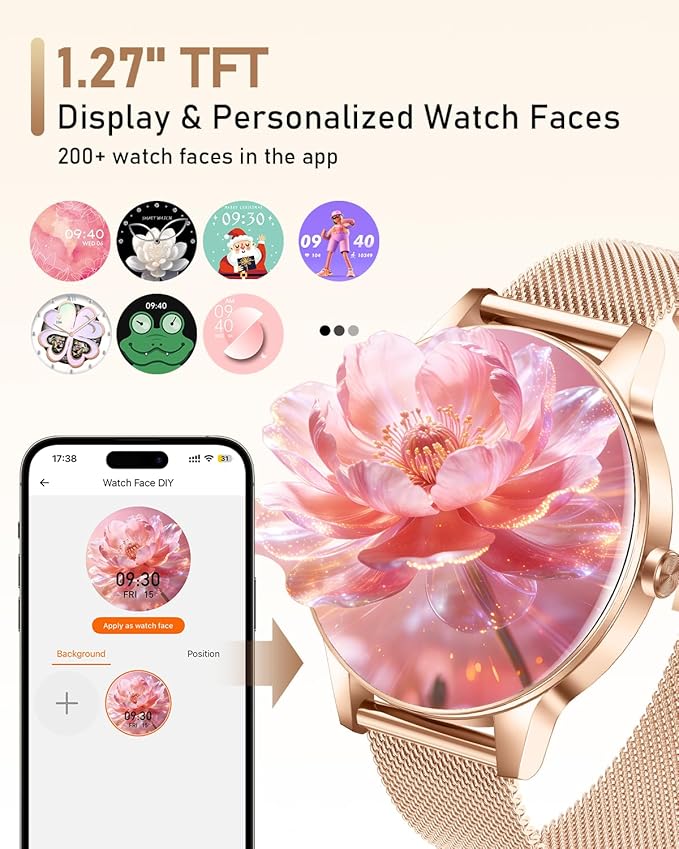 Smart Watch for Women, Answer/Make Call,1.27'' Touchscreen, 120+ Sports Fitness Tracker, 24H Heart Rate/SpO2/Sleep/Menstrual Cycle/IP68 Fitness Watch for Android iOS, 4 Straps (Rose Gold)