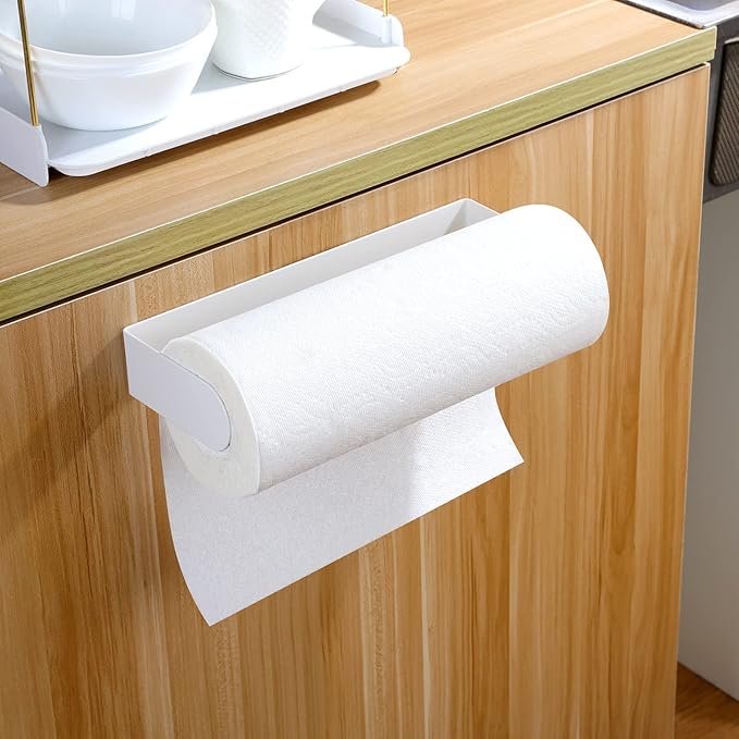 YIGII Adhesive Paper Towel Holder Under Cabinet - Stainless Steel Paper Towel Rack Stick on Wall Mount for Kitchen, White