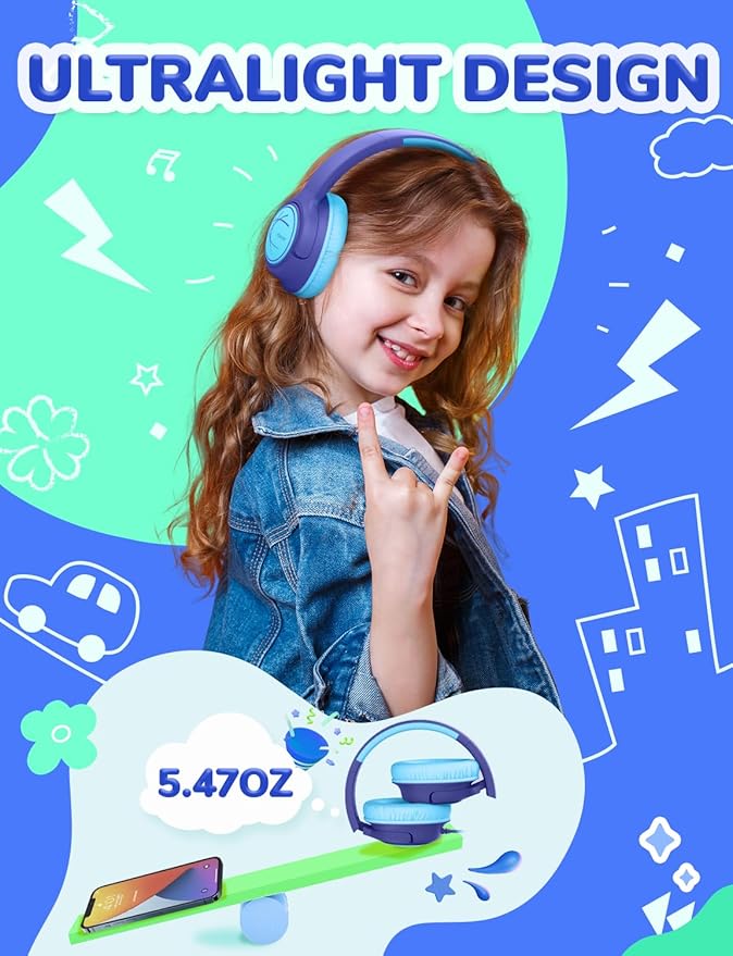 iClever HS26 Kids Headphones Cord, 85dBA Safe Volume Wired Headphones, Stereo Sound Foldable Adjustable, 3.5mm Jack, Over Ear Headphone for School/Boys/Girls/iPad(Dark Blue)