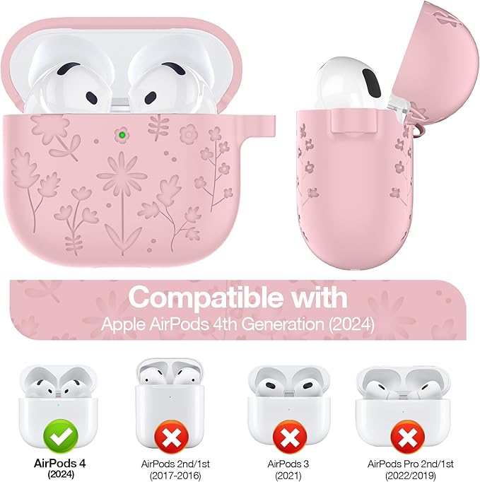 Compatible with AirPods 4th Generation Case Cover with Cleaner Kit, Flower Engraved Silicone Shockproof Protective Skin Cover for AirPods 4 Case 2024 with Keychain, Pink