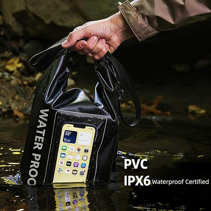 kullder Waterproof Dry Bag, 2L Roll Top Waterproof Pool Bag IPX8 with Crossbody Strap, Phone Pouch Water Protector for Cruise Camp Swim Beach Fish Travel Essentials, Boat & Kayak Accessories (Black)