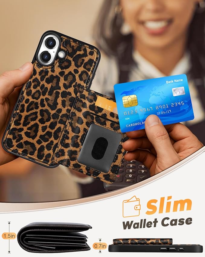 for iPhone 17 Case with Wallet - Fits 4 Card Slots, Compatible with MagSafe for Women Aesthetic Durable PU Leather Credit Card Holder Kickstand Phone Cover for Apple 17, Leopard Print