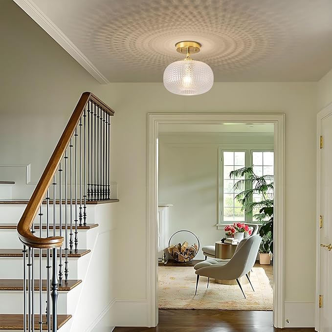Modern Prismatic Globe Ceiling Light,Vintage Glass Flush Mount Light Fixture with Brass Gold Hallway Ceiling Lighting for Bedroom,Foyer,Kitchen,Laundry Room,Entryway,E26 Ceramic Base,9.84 Inch