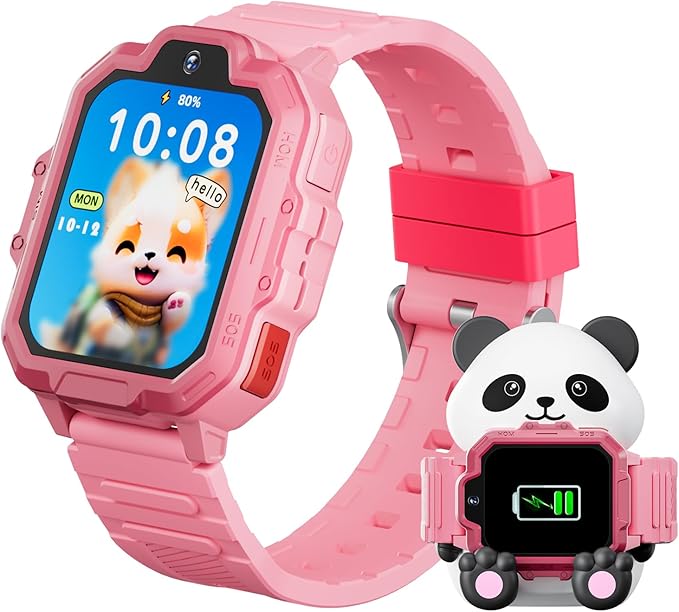 4G Kids Smart Watch, T17 Smartwatch Gifts with Panda Holder, GPS Tracker, Video Calling, SOS, Voice Chat, SMS, School Mode, Puzzle Games, HD Touch Screen for Boys & Girls 3-12（Pink）