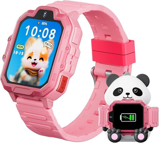 4G Kids Smart Watch, T17 Smartwatch Gifts with Panda Holder, GPS Tracker, Video Calling, SOS, Voice Chat, SMS, School Mode, Puzzle Games, HD Touch Screen for Boys & Girls 3-12（Pink）