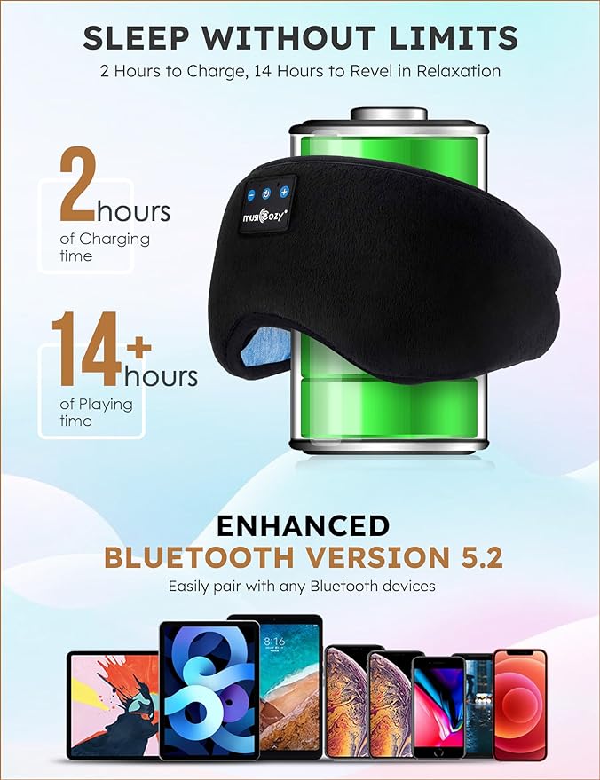 MUSICOZY 3D Bluetooth Sleep Mask with Headphones and Timer, Wireless Sleep Headphones for Side Sleepers, Eye Mask with Bluetooth Headphone, 2 Packs