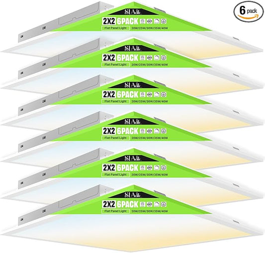6Pack 2x2 LED Light Flat Panel,40/35/30/25/20W,5 Color Temps 2.7K/3K/3.5K/4K/5K,Dimmable (0-10V) Recessed Drop Ceiling Lights,5200 LM Fixture Flush Mount Ceiling for Office Kitchen Garage ETL Listed
