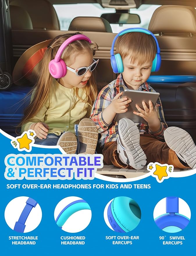 Kids Bluetooth Headphones,Toddler Headphones with Microphone,85dB Volume Limited,Bluetooth 5.3 Twistable Lightweight Kids Wireless Earphones for Boy Girl Tablet Travel School