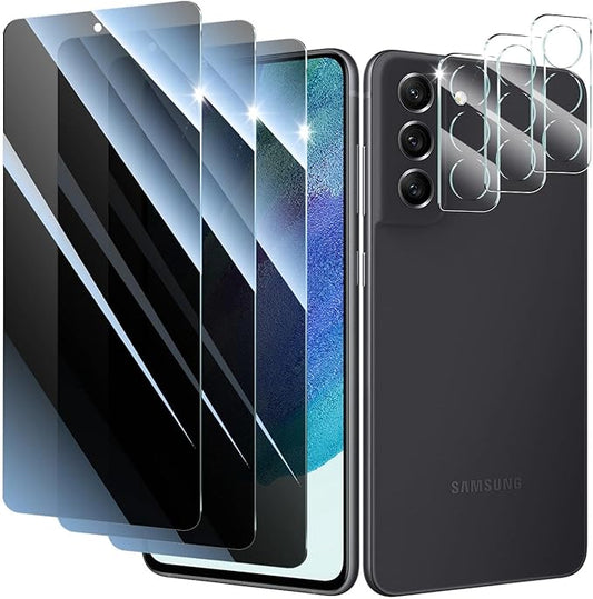 Privacy Screen & Camera Lens Protector for Samsung Galaxy S21 FE, Anti-Spy Tempered Glass, Dark Private Black Protection, 9H Hardness Anti-Scratch Double Shatterproof Case-Friendly, 3-Pack Each