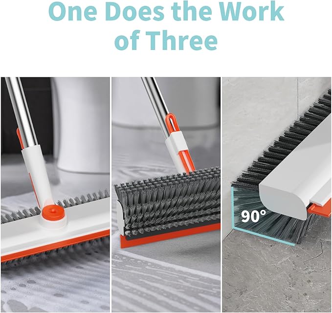 AIR U+ Floor Scrub Brush with Long Handle, 3 in 1 Scrape and Heavy-Duty Stiff Bristle Scrubber Brush for Cleaning Shower Bathroom, Patio, Garage, Kitchen, Wall and Deck, White and Orange