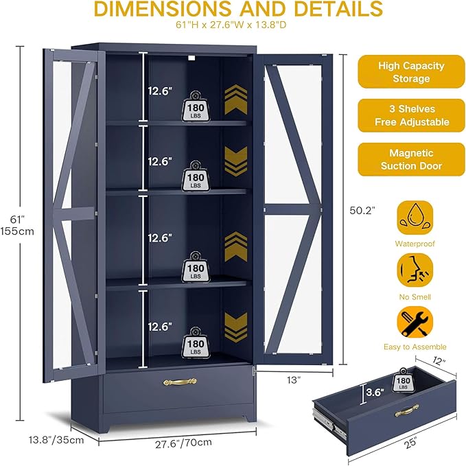 DWVO Display Cabinet with LED Lights, 61" Metal Display Case with Glass Barn Doors for Collectibles, Organizer Cabinet with 3 Adjustable Shelves and Drawer for Living Bedroom, Office, Navy Blue