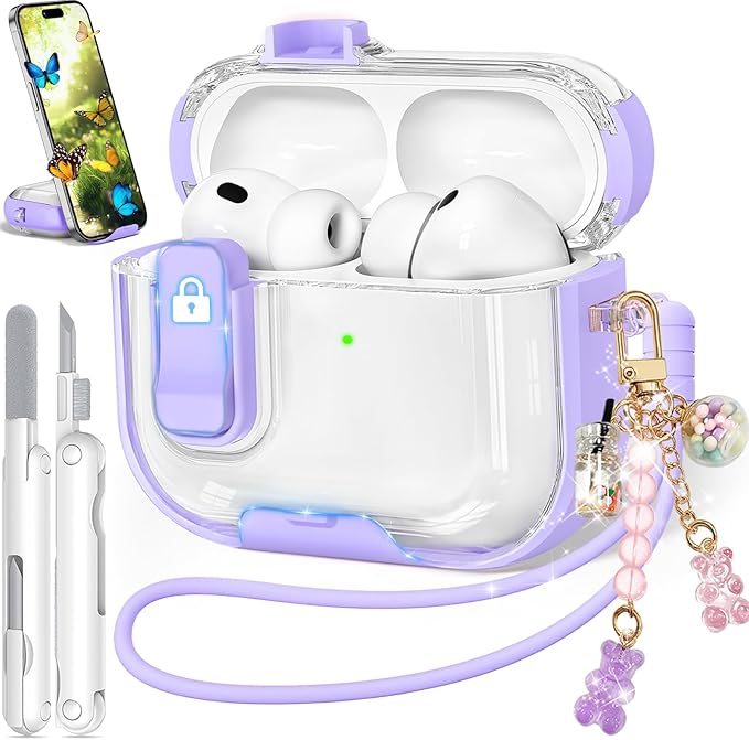 for Airpods Pro 3 Case 2025, Anti-Yellowing Clear Case for Airpods Pro 3 with Secure Lock & Phone Stand, Soft TPU Drop Protection Cover with Cleaning Kit (Purple)