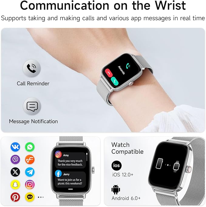 Smart Watch for Men Women, 1.85" HD Smartwatch Compatible iPhone/Samsung/Android (Answer/Make Calls), 100+ Sport Modes Fitness Tracker with Heart Rate/Sleep/SpO2 Monitor, IP68 Waterproof, Metal Band