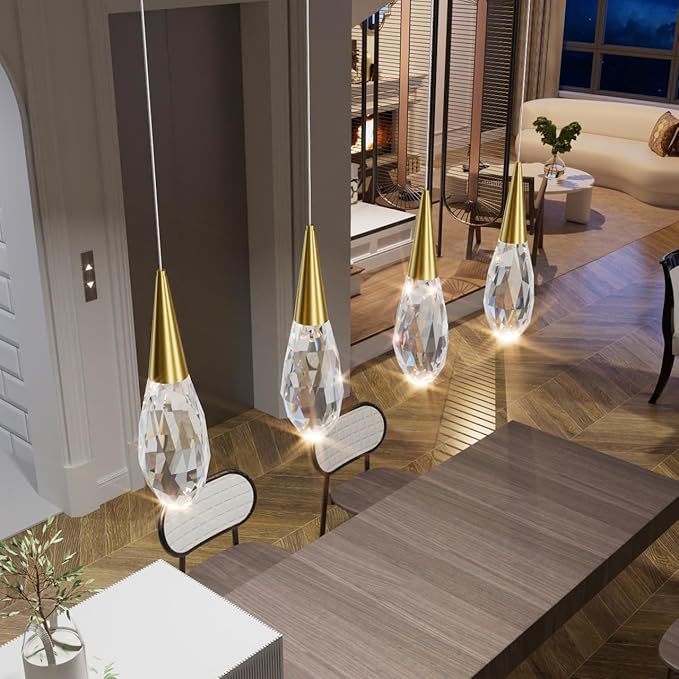 4-Lights Rectangular Pendant Lights for Kitchen Island Crystal Rectangular Chandelier for Dining Room Gold Linear Chandeliers for Living Room Hallway Bedroom