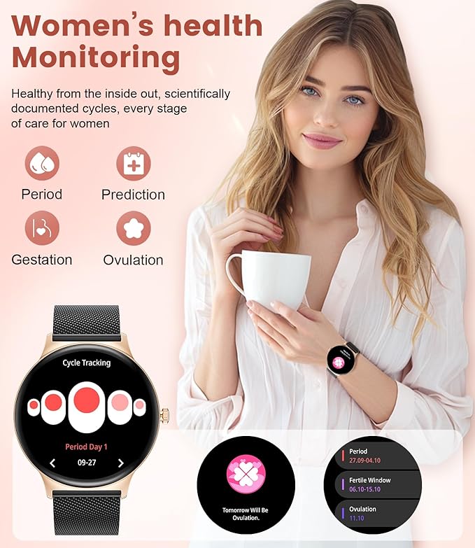 Smart Watches for Women, 1.43" AMOLED Screen Bluetooth Call Smartwatch, 120+ Sports Modes Fitness Tracker, Blood Oxygen Heart Rate Sleep Monitor for Android iOS Black Gold 2026