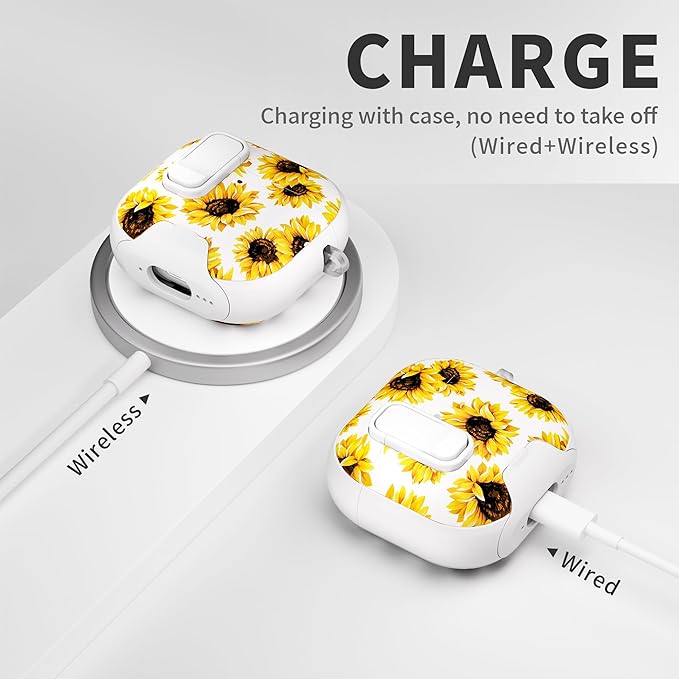 for AirPods 4 Case with Secure Lock Clip in Phone Stand,Floral Girly Style Protective Cover with Cleaning Kit and Hand Strap for Apple AirPod 4 Generation (White Sunflower)
