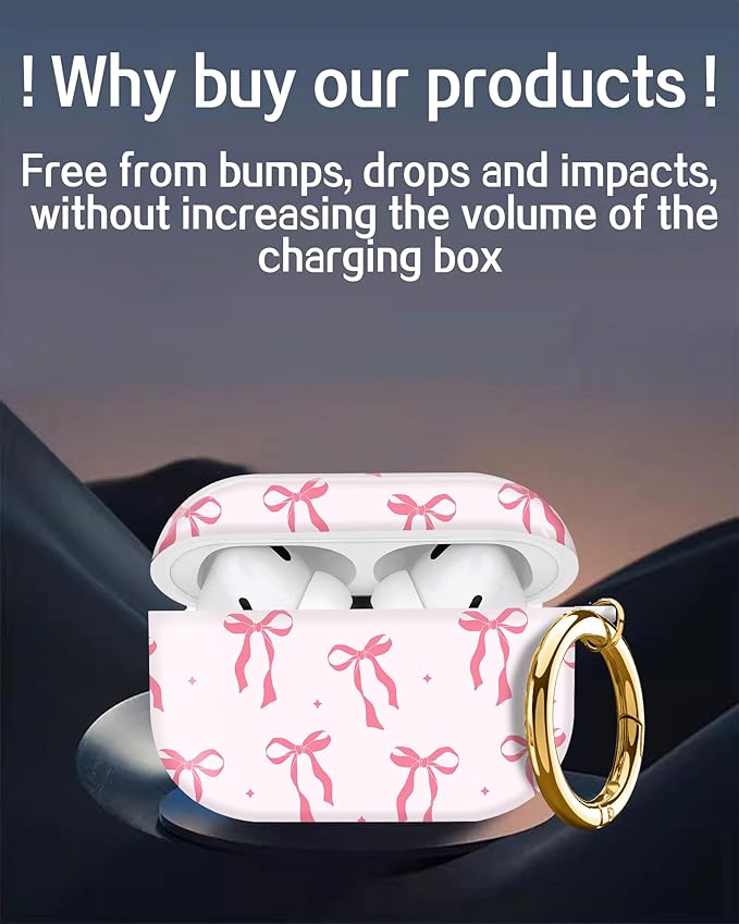 Cute Hard Case Compatible with AirPods Pro 2nd/1st Generation, Protective Cover with Golden Keychain, Fits 2023/2022/2019 Models, for Women, Girls, and Men(Pink Ribbon Bow)