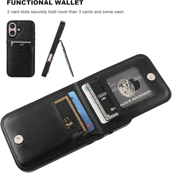 KIHUWEY Compatible with iPhone 16 Case Wallet with Credit Card Holder, Flip Premium Leather Magnetic Clasp Kickstand Heavy Duty Protective Cover for iPhone 16 6.1 Inch (Black)
