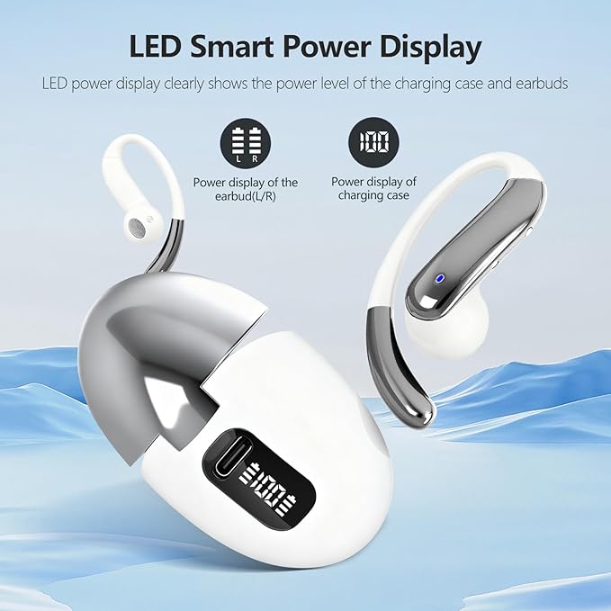 Open Ear Clip Wireless Earbuds Bone Conduction Headphones, Bluetooth 5.4, Open Ear Design, Built-in Mic, IPX7 Waterproof, LED Display Charging Case,Ear Hooks Ear Buds,Design for Running Walking