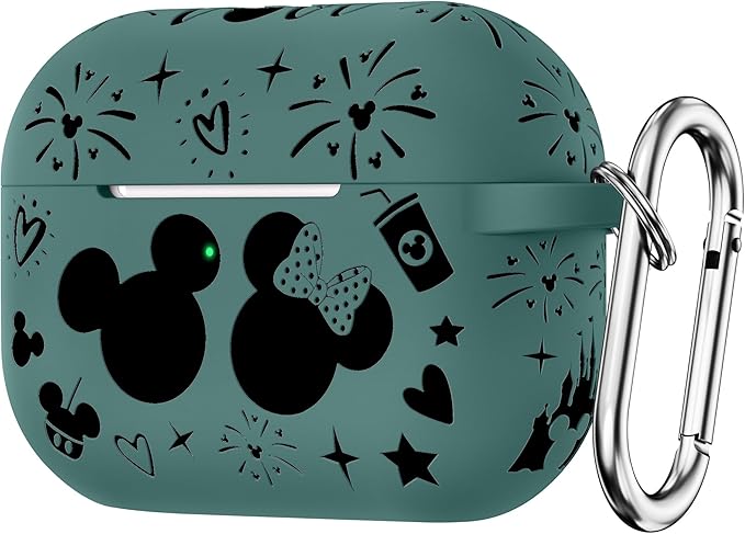 Compatible with Airpods Pro 2nd/1st Generation Case Cover with Keychain, Women Men Soft Silicone Two-Tone Cute Cartoon Engraved Convenience Protective Case, Front LED Visible Green/Black