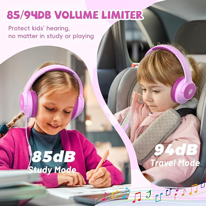 Kids Headphones Wired with USB C Plug, 85/94 dB Volume Limit Foldable USB Type C Headphones for Kids Girls, Plug in Headphones Corded Over Ear Wired Headphones for School/Tablet/Travel, Fuscia Pink