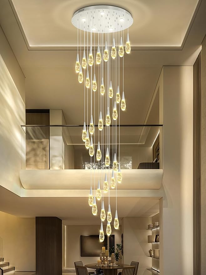 H 177" Moderm Extra Large Chandelier 36-Lights Foyer Chandelier for High Ceiling Crystal Pendant Light Fixture Raindrop Chandeliers for Staircase Villa Living Room (Silver
