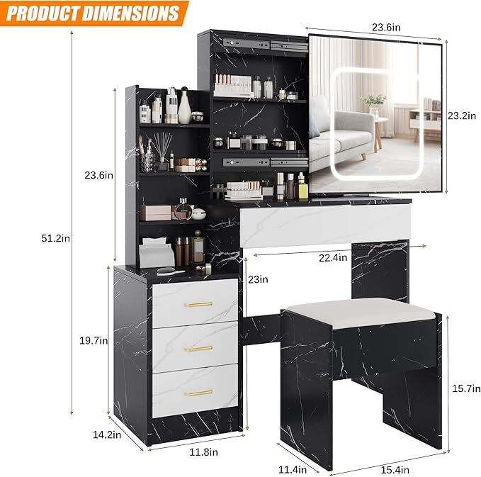 Vanity Desk with Sliding LED Mirror, Makeup Dressing Table with 4 Drawers, Storage Shelves, Power Outlet & Cushioned Stool, Adjustable 3 Lighting Modes, Vanity Set for Bedroom, Marble-Black & White