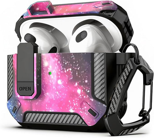 for AirPods 4 Case 2024 with Secure Lock Clip - Military-Grade Drop Protection AirPods 4th Generation Case, Carbon Fiber Shockproof Cover, Automatic Pop-up & Carabiner Hook, Starry Sky